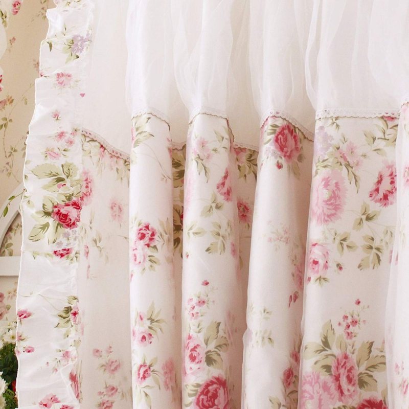Vit Spets Fancy Skir Gardin Romantiska Tjejer Prinsessgardin Rosa Blommiga Gardinpaneler Sovrum Blommig Fönsterbehandling (två Paneler)
