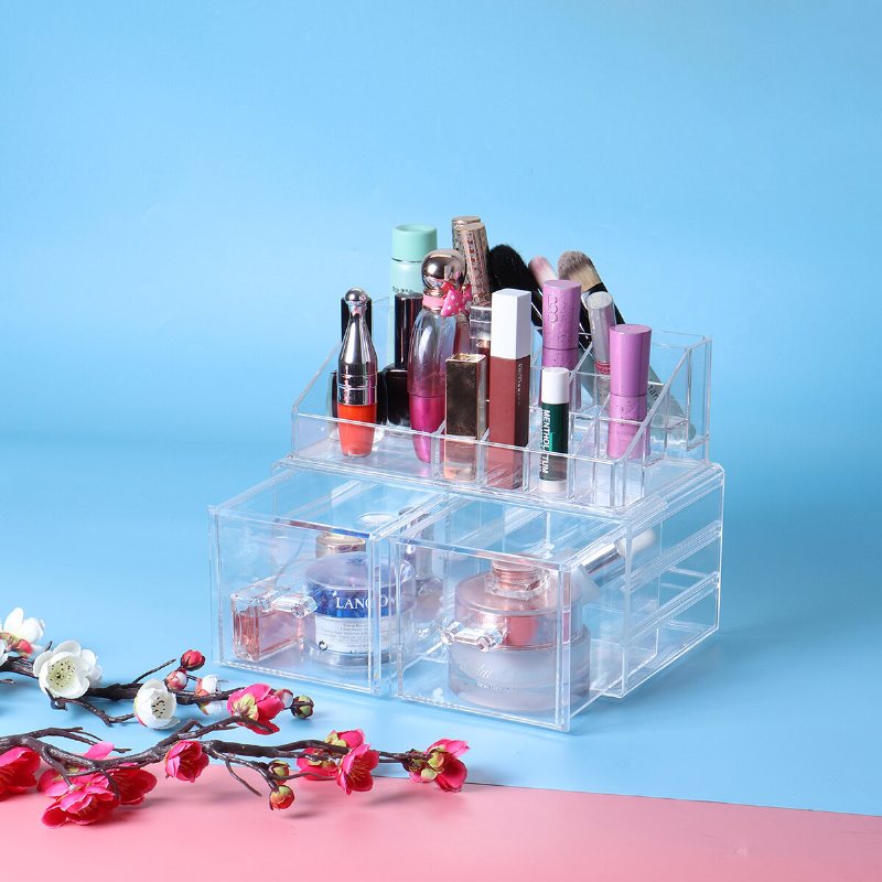 2 I 1 Jewerly Cosmetics Förvaringslåda Makeup Kombinationsförvaring Organizer Box Transparent Med Låda Läppstift Powder Display Box
