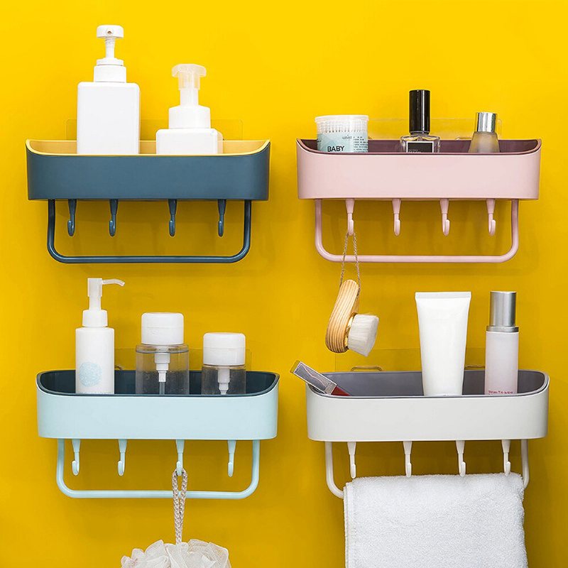 Badrum Väggmonterad Förvaringshylla Köksförvaring Caddy Rack Organizer Brickhanddukshållare Ingen Borr Med Krok