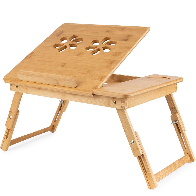 Bambu Bärbar Skrivbordsställ Lap Desk Bord Blommönster Vikbar Frukost Serveringssäng Bricka Med Förvaringslåda Med Justerbart Ben