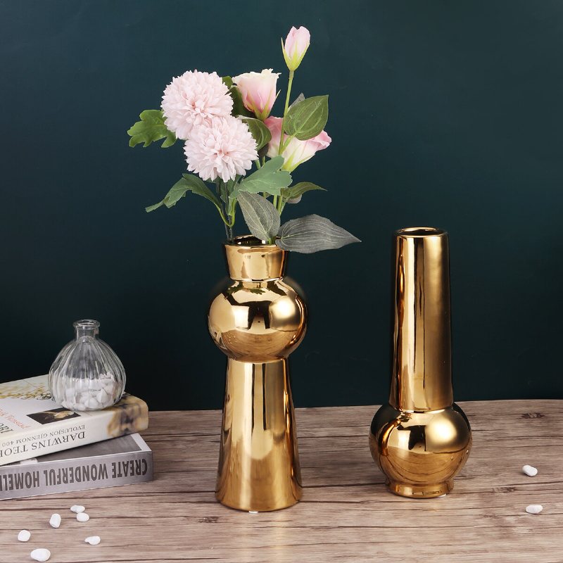 Gyllene Keramikvas Vardagsrum Plantering Hantverk Blomsterarrangemang Behållare Hemmakontor Skrivbordsdekoration Ornament