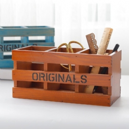 Zakka Retro Trä Förvaringslåda Desktop Kosmetisk Makeup Organizer 3 Grids Pennhållare Fjärrkontroll Vintage Heminredning