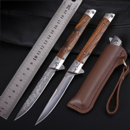 215 mm 8.46" Hopfällbar Lång Kniv Med Hölster 3cr13mov Blade Trähandtag Bärbar Damaskuskniv Utomhus Camping Jakt Överlevnadsverktyg
