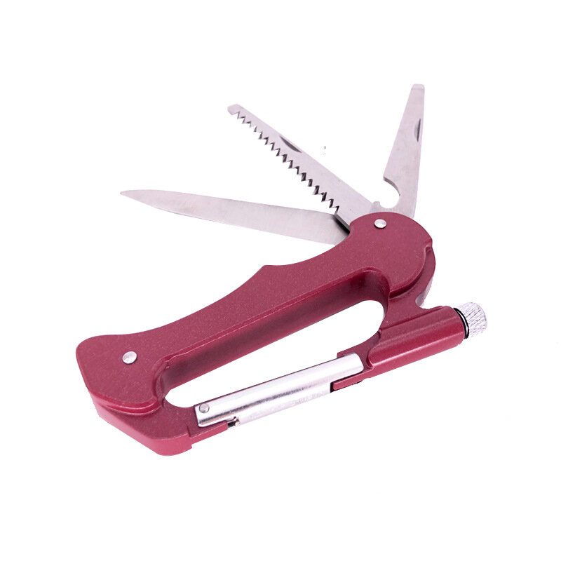 7-i-1 Multifunktionskarbinhake Bergsklättring D-shape Spänne Multi-tools Fickkniv+såg+ficklampa Outdoor Camping Survival Edc Tools