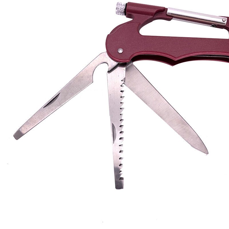7-i-1 Multifunktionskarbinhake Bergsklättring D-shape Spänne Multi-tools Fickkniv+såg+ficklampa Outdoor Camping Survival Edc Tools