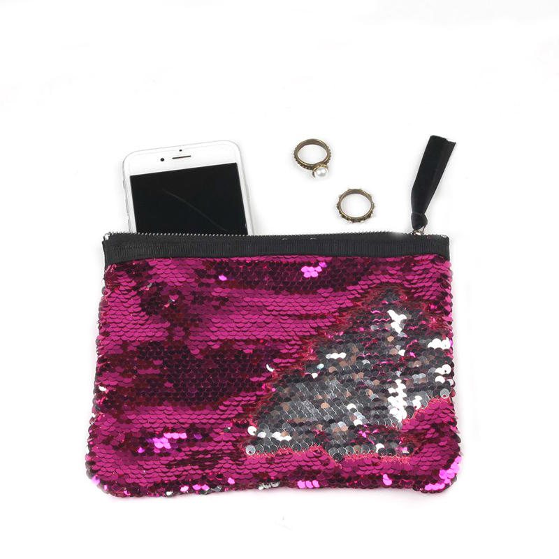 Damer Med Dubbla Paljetter Clutches Bag Makeup Förvaringspaket Dragkedja Fyrkantiga Myntplånböcker