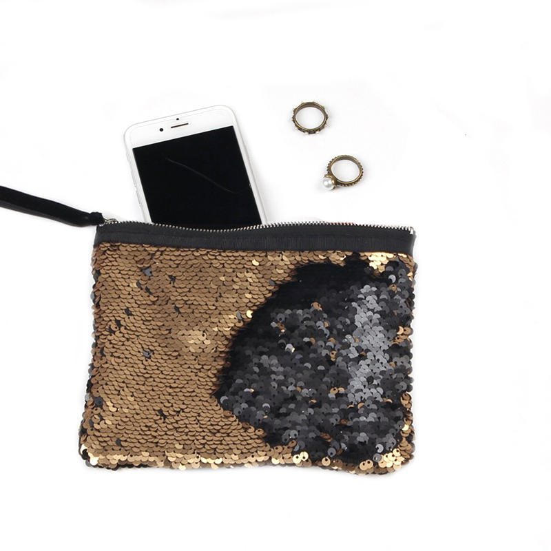 Damer Med Dubbla Paljetter Clutches Bag Makeup Förvaringspaket Dragkedja Fyrkantiga Myntplånböcker