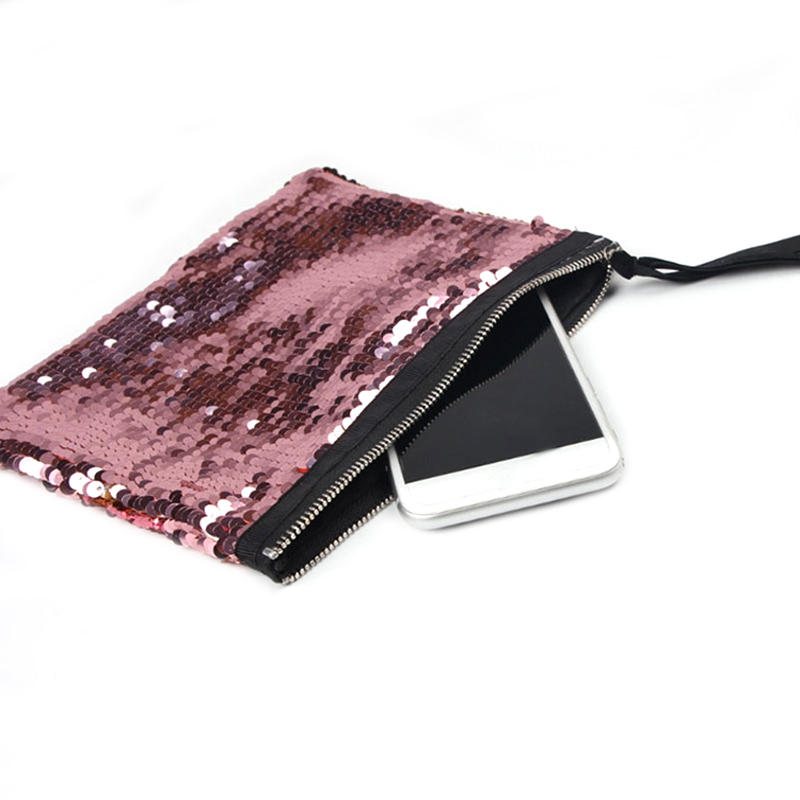 Damer Med Dubbla Paljetter Clutches Bag Makeup Förvaringspaket Dragkedja Fyrkantiga Myntplånböcker