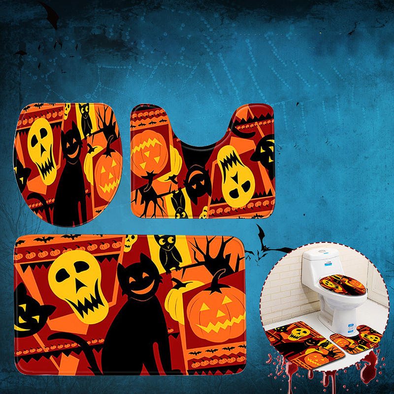 3pc Halloween Print Matta Badrum Halkfri Piedestal Lock Toalettöverdrag Badmatta Set