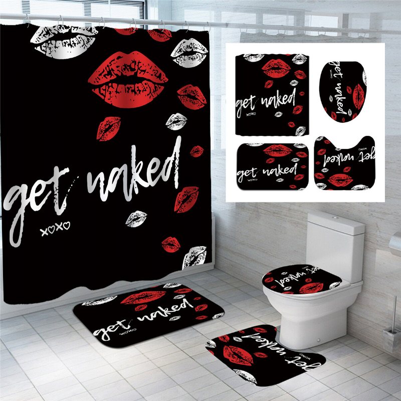 Röd Funny Mouth Badrum Dusch Curtian Set Vattentätt Toalettlock Lock Sockelmatta Halkfri Badmatta Set