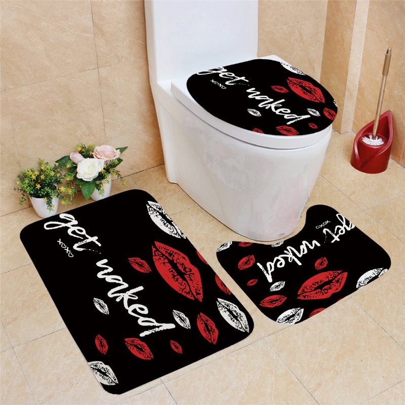 Röd Funny Mouth Badrum Dusch Curtian Set Vattentätt Toalettlock Lock Sockelmatta Halkfri Badmatta Set