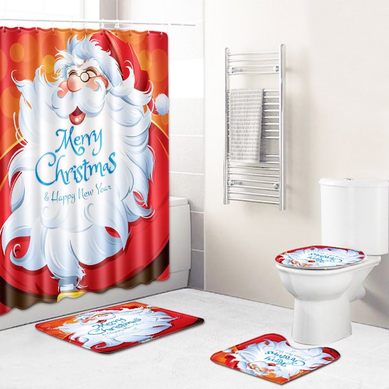 Santa Claus Jul Duschdraperi Vattentät Polyester Tyg Badkar Gardin Set