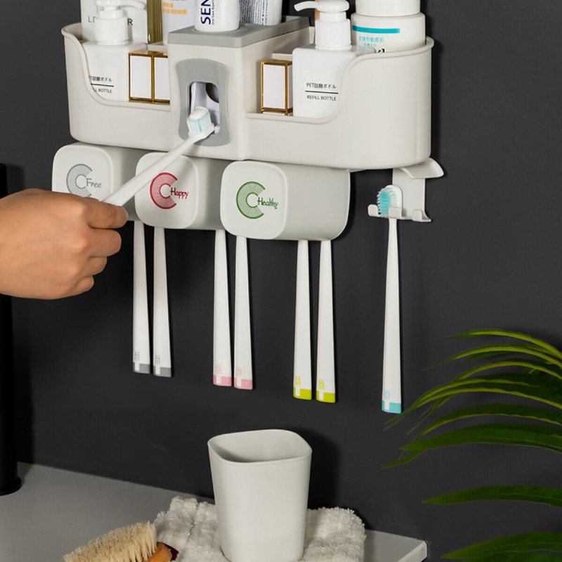 Tandborsthållare Multifunktionsvägg Tandkrämspressdispenser För Badrumstillbehör Förvaringsställ