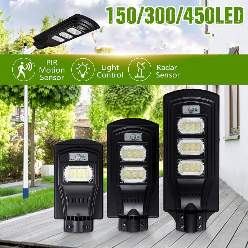 150/300/450led Solar Light Black Shell Street Lamp 2835smd Vattentät Pir Rörelsesensor Trädgårdsbelysning