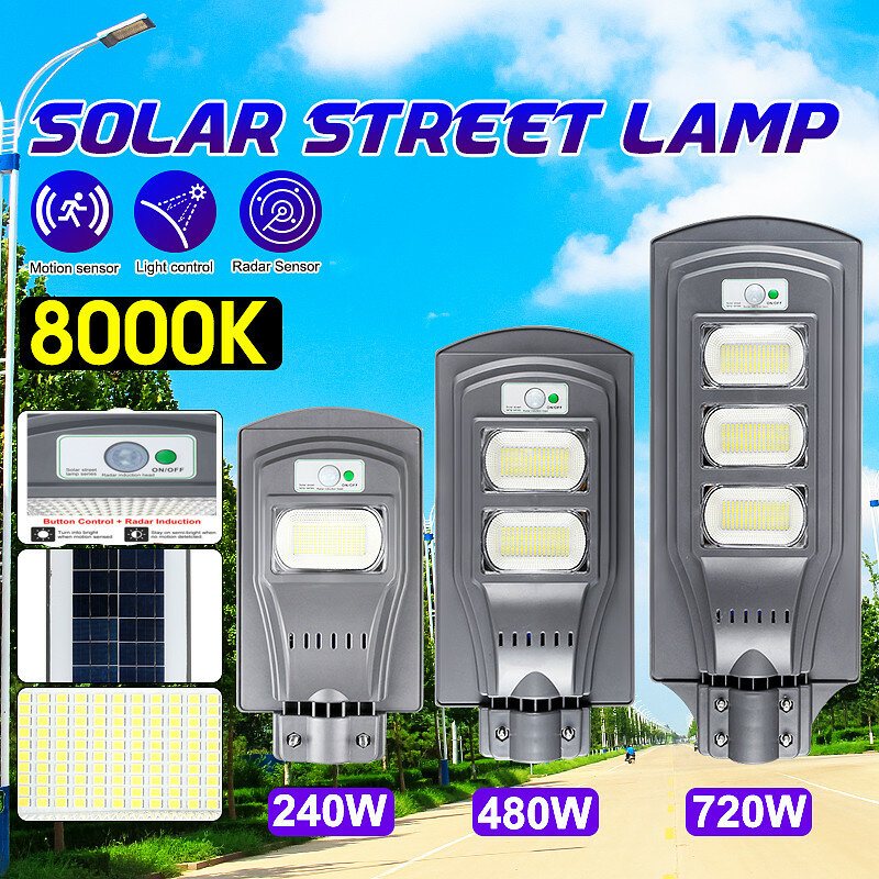 240w 480w 720w Led Street Light Grå Skal 2835 Solar Lampa Pir Rörelsesensor Vattentät Trädgårdsbelysning