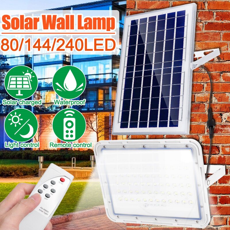 Utomhus 80/144/240led Solar Flood Light Vattentät Trädgård Street Vägglampa + Fjärrkontroll