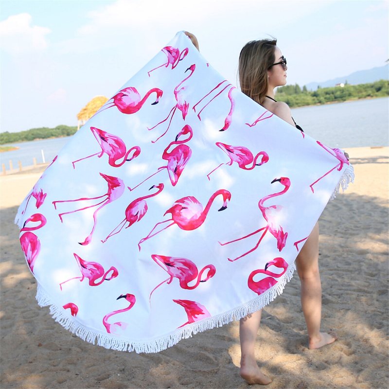 Fashion Flamingo 450g Rund Strandhandduk Med Tofsar Mikrofiber 150 cm Picknickfilt Beach Cover Up