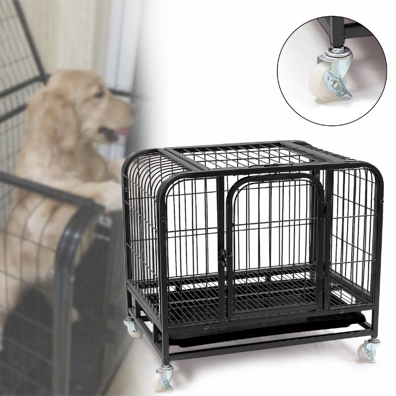 31'' Hundlåda Bur 2 Dörrar Katt Husdjur Pudel Kraftig Bur Valp Kennelhus & Bricka Med Fyra Hjul
