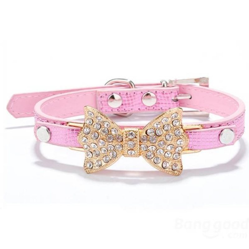 Pet Dog Puppy Pu Bowknot Shiny Rhinestone Collar