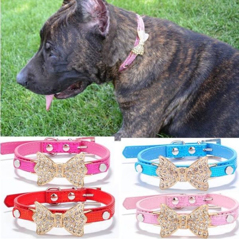 Pet Dog Puppy Pu Bowknot Shiny Rhinestone Collar