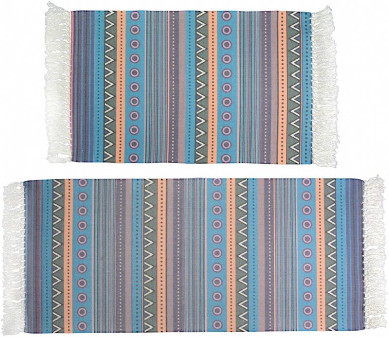 2st Bomullsområdesmatta Set Boho-randtryckta Tofsar Dörrmatta Handvävda Utomhusmattor Tvättbar Flätad Matta För Kök Entré Badrum Tvättstuga2'x3'+2'x4.3'