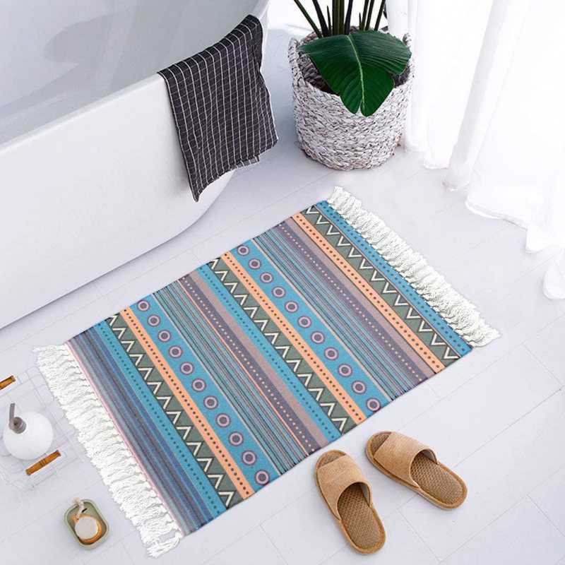 2st Bomullsområdesmatta Set Boho-randtryckta Tofsar Dörrmatta Handvävda Utomhusmattor Tvättbar Flätad Matta För Kök Entré Badrum Tvättstuga2'x3'+2'x4.3'