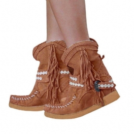 Kvinnor Tofs Fringe Mellan Ankel Boots Mode Spänne Motorcykel Platta Skor