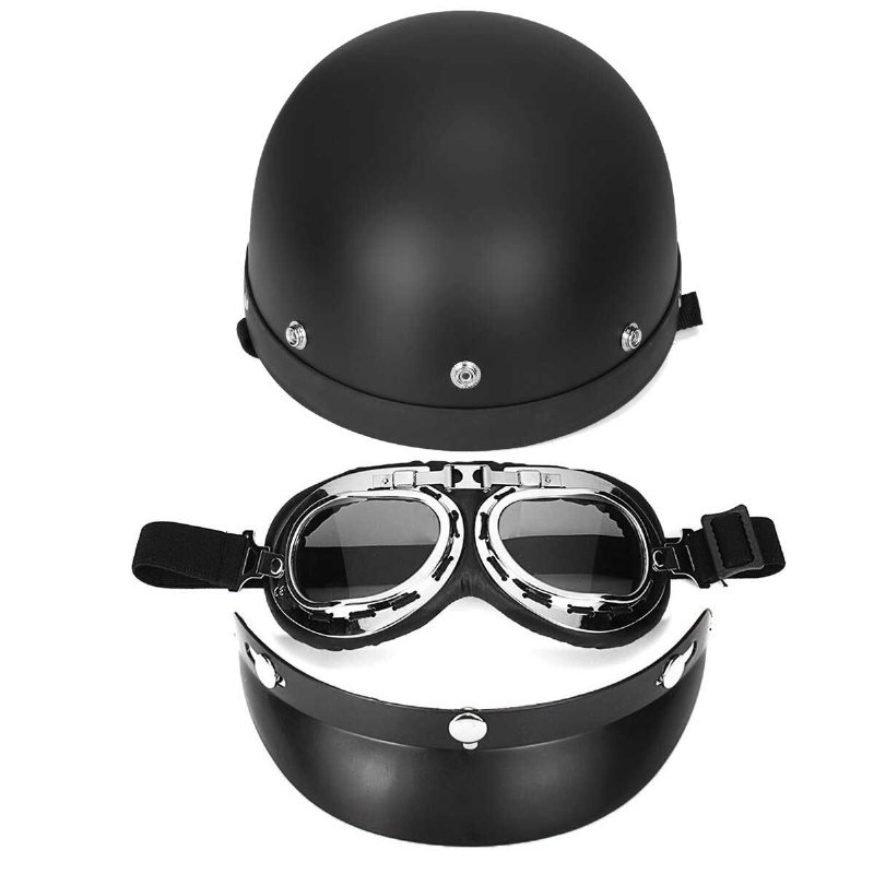 Retro Matt Svart Motorcykel Halv Face Hjälm Biker Scooter Med Solskydd Uv Glasögon Cafe Racer