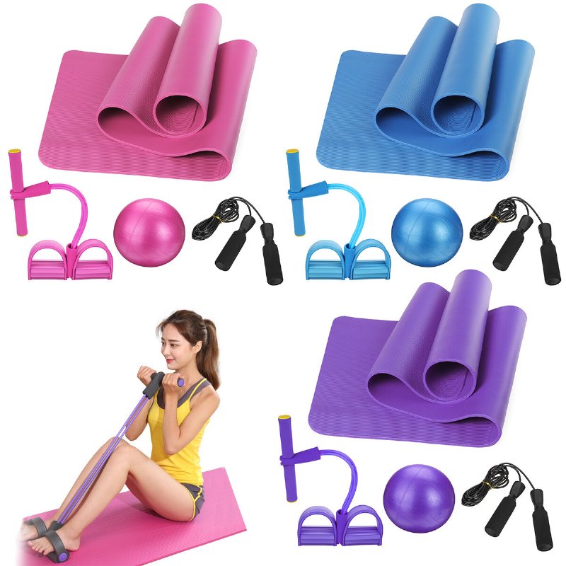 4st Yoga Nybörjarkit Set Antisladd Pilatesboll + Hopprep + Resistance Band + Yogamattor Hemträningsverktyg