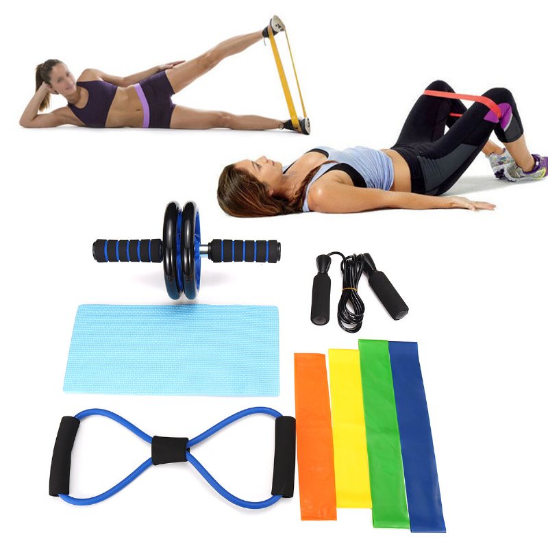 8st Home Gym Fitness Set Buken Wheel Roller 8 Form Resistance Bands Yoga Loop Band Hopprep Kit