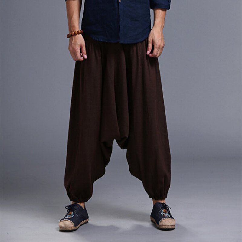 Herr Yoga Loose Drop Grenbyxor Man Fritidsbyxor Harem Byxor Elastisk Bomull Linne Bloomers