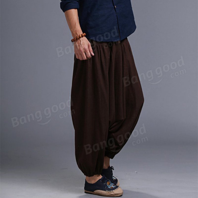 Herr Yoga Loose Drop Grenbyxor Man Fritidsbyxor Harem Byxor Elastisk Bomull Linne Bloomers