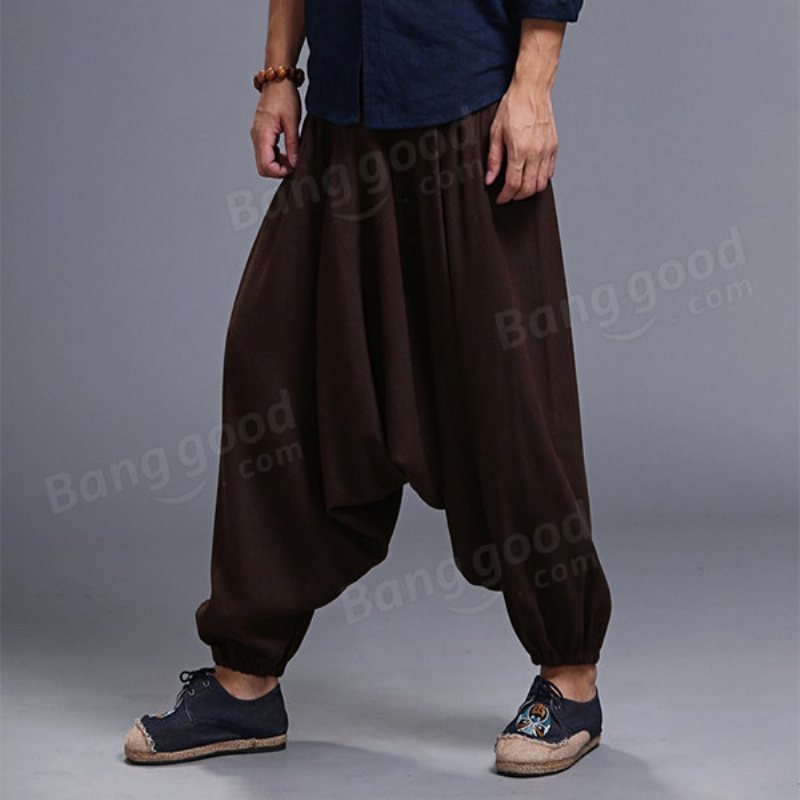 Herr Yoga Loose Drop Grenbyxor Man Fritidsbyxor Harem Byxor Elastisk Bomull Linne Bloomers