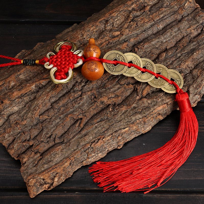 Bil Hem Koppar Mynt Kalebass Hänge Fengshui Tofs Knot Hantverk Sträng Hängande Ornament